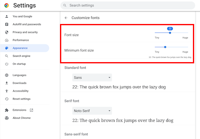 Use Font size and Minimum font size to set new default font sizes